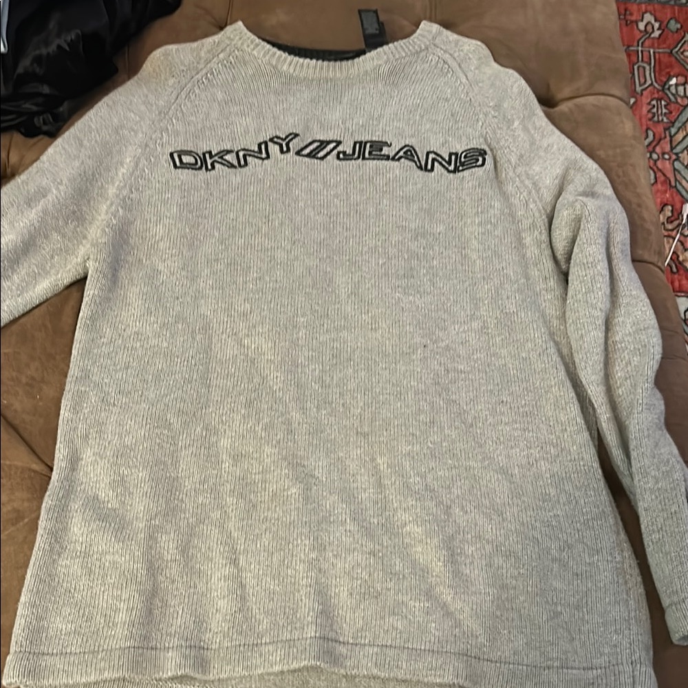 DKNY Gray Crewneck Sweater with Ribbed Collar